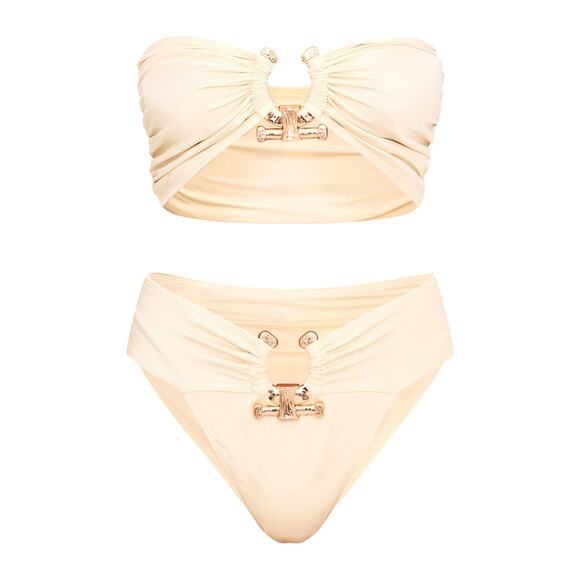 PrettyLittleThing Cream Hammered Trim Bandeau & High Waist Bikini 2-Piece Set - Picture 11 of 13